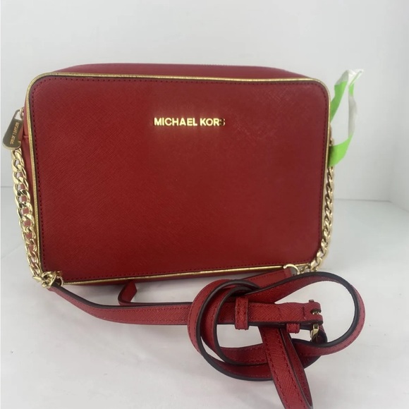 Michael Kors Handbags - NWT Michael Kors Crossbody Bag Jet Set East West Chain Red Nylon  Leather Zip